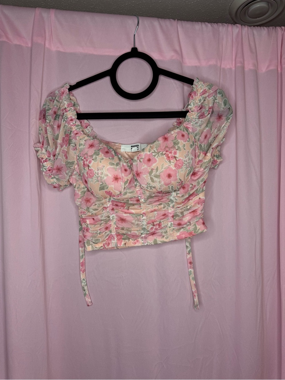 Ruched Floral Puff Sleeve Crop Top - Pink